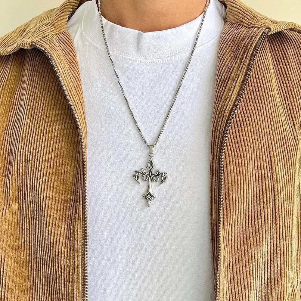 y2k 2000s vintage retro style heavy metal gothic cross pendant chain nec…
